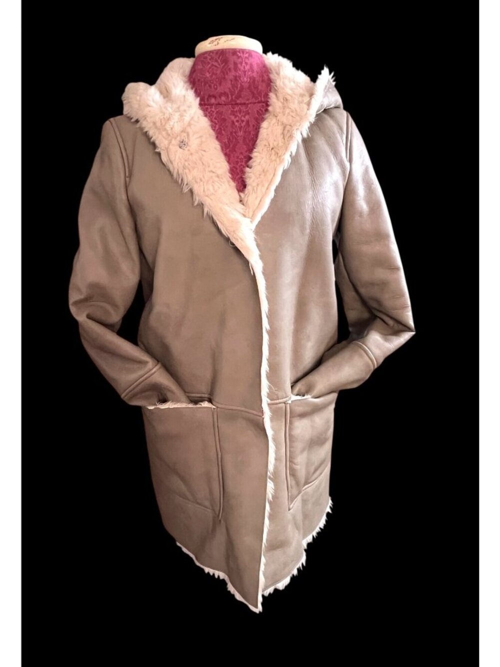 ZARA Trafaluc Beige Faux Leather Hooded Coat With Faux Fur